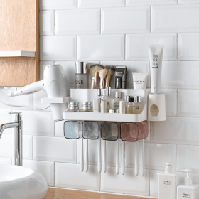 Toothbrush Holder Bathroom Shelving Perforation-free Suction Wall Bathroom Toiletry Set (Option: Shelf blower-A family of two)